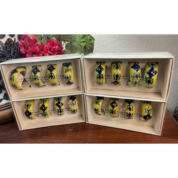 Pier 1 Imports Ceramic NAPKIN RINGS Set of 4 Yellow Blue Flowers 520/5207 - Picture 6 of 9